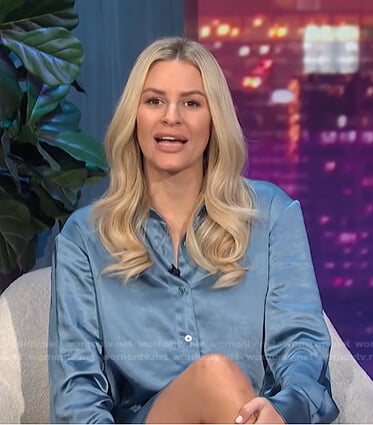 Morgan’s blue satin shirtdress on E! News Nightly Pop