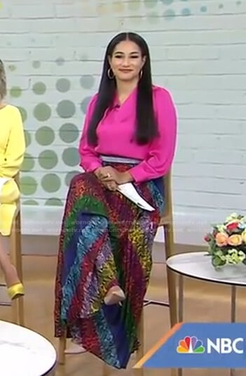 Morgan Radford’s rainbow snake print skirt on Today