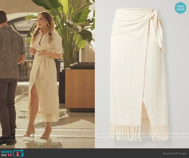 Nanushka + NET SUSTAIN Randi fringed organic cotton wrap skirt worn by Fallon Carrington (Elizabeth Gillies) on Dynasty