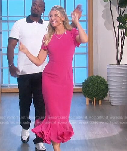 Amanda’s pink ruffle hem midi dress on The Talk