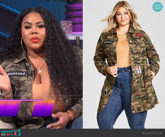 Nina Parker Trendy Plus Size Patched Camo-Print Jacket worn by Nina Parker on E! News