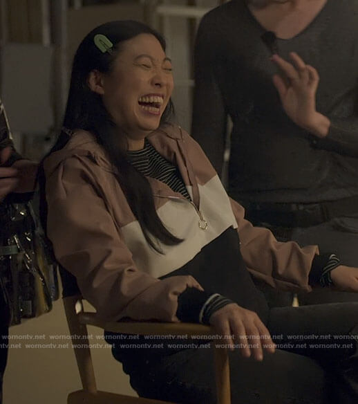 Nora’s pink colorblock zip hoodie on Awkwafina is Nora From Queens