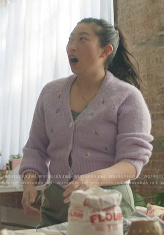 Nora’s purple embroidered cardigan on Awkwafina is Nora From Queens