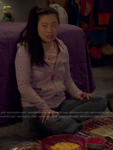 Young Nora’s purple rainbow hoodie and flower top on Awkwafina is Nora From Queens