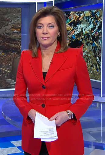 Norah’s red peplum blazer on CBS Evening News