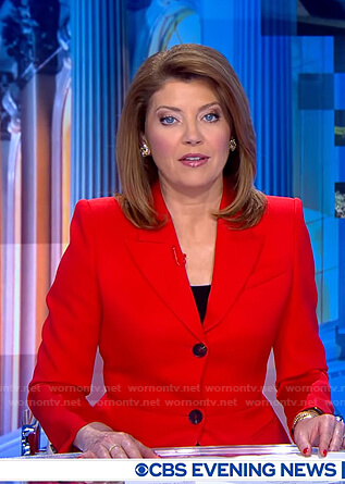 Norah’s red peplum blazer on CBS Evening News
