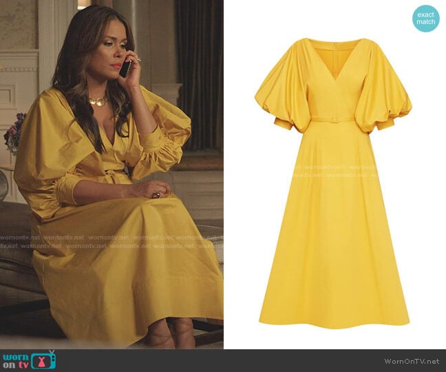 Oscar de la Renta Puff-Sleeve Belted Midi Dress worn by Cristal Jennings (Daniella Alonso) on Dynasty