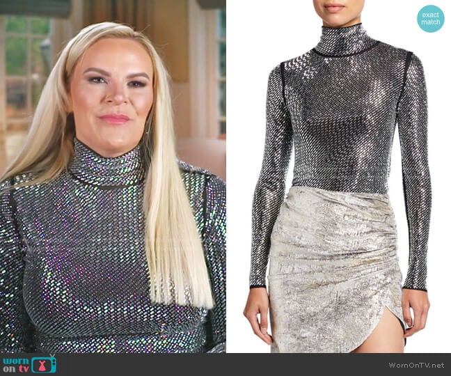 Pinko Libeccio Rhinestone Embellished Turtleneck Top worn by Heather Gay on The Real Housewives of Salt Lake City