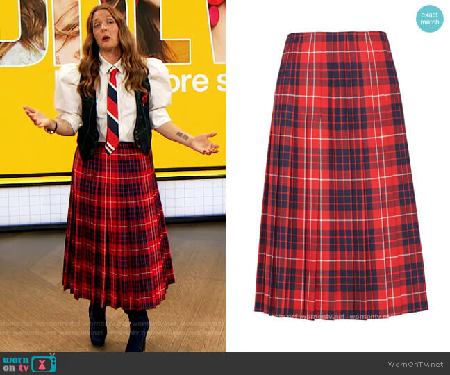 Prada Red Check Pleated Skirt worn by Drew Barrymore on The Drew Barrymore Show