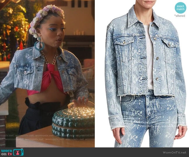 Rag & Bone Cut Off Python Denim Jacket worn by Jazlyn Forster (Chloe Bailey) on Grown-ish