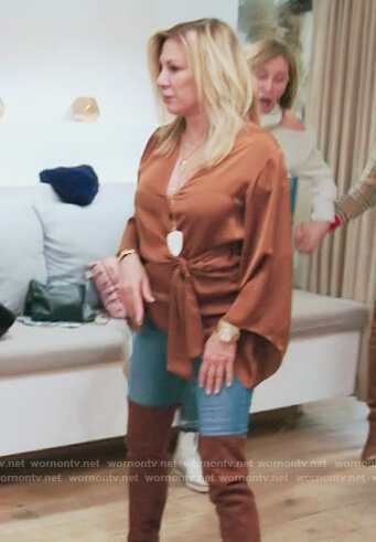 Ramona’s brown satin tie waist blouse on The Real Housewives of New York City