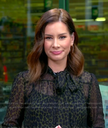 Rebecca’s green leopard tie neck blouse on Good Morning America