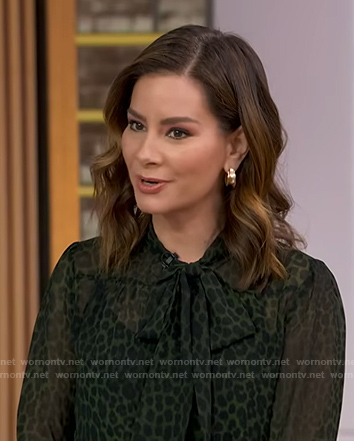 Rebecca’s green leopard tie neck blouse on Good Morning America