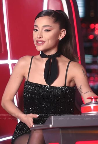 Ariana’s black sequin fringed mini dress on The Voice