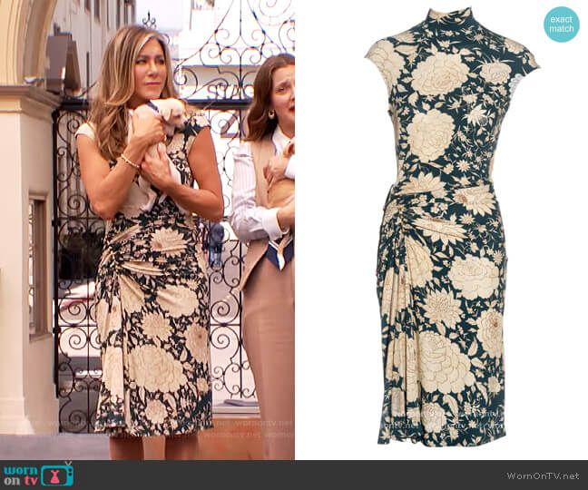 Roberto Cavalli Teal Floral Ruched Dress