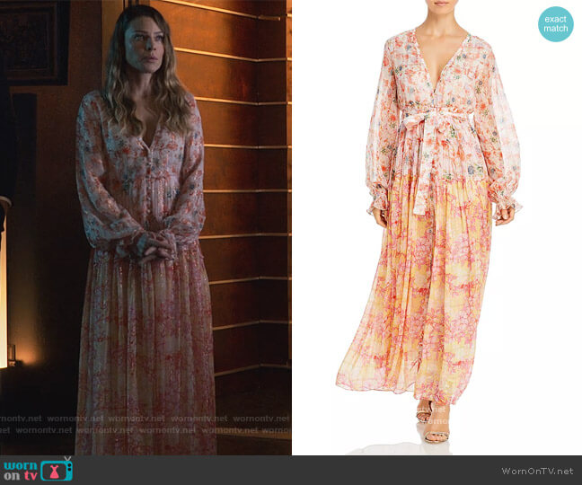 Rococo Sand Tie Waist Metallic Maxi Dress worn by Chloe Decker (Lauren German) on Lucifer