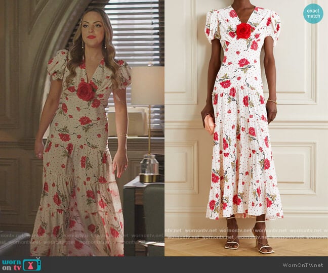 Rodarte Embellished printed silk-crepe maxi dress worn by Fallon Carrington (Elizabeth Gillies) on Dynasty