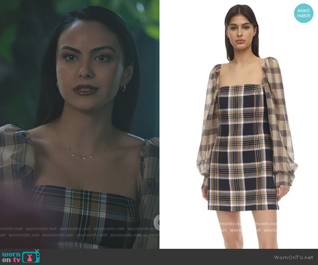 Rokh Puff Sleeve Techno Twill Mini Dress worn by Veronica Lodge (Camila Mendes) on Riverdale