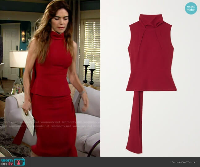Roland Mouret Birkhall Top in Crimson worn by Victoria Newman (Amelia Heinle) on The Young and the Restless