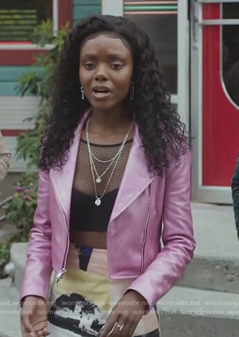 Josie’s pink metallic moto jacket and printed mini skirt on Riverdale