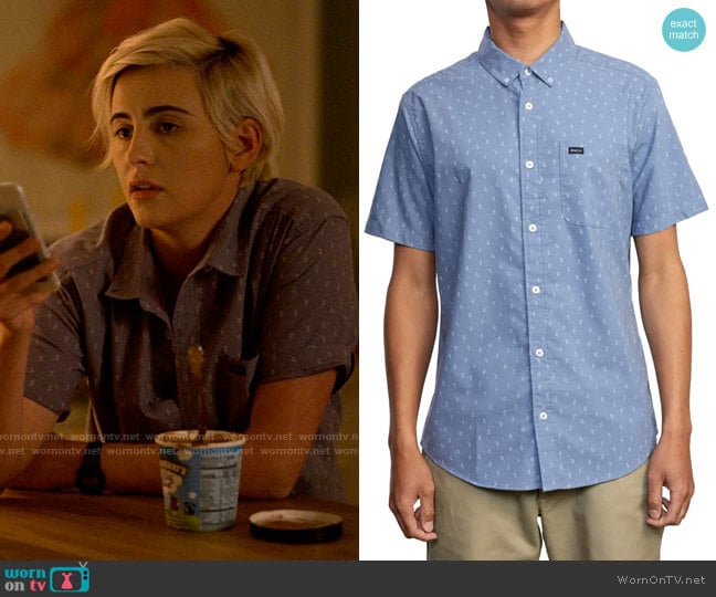 RVCA That'll Do Shirt in Slate worn by Sarah Finley (Jacqueline Toboni) on The L Word Generation Q