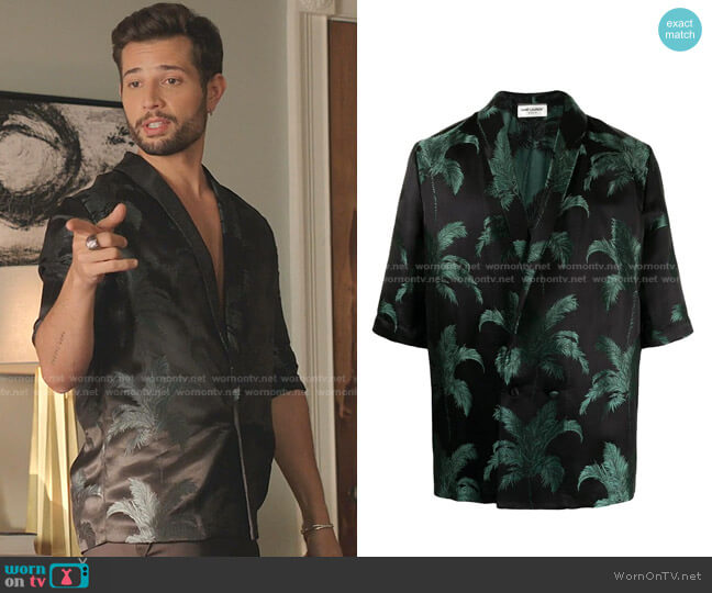 Saint Laurent Shawl-Lapel Silk-Jacquard Shirt worn by Sam Flores (Rafael de la Fuente) on Dynasty