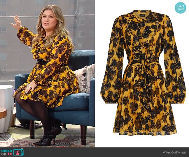 Saloni Tilly ruffled printed burnout crepe de chine mini dress worn by Kelly Clarkson on The Kelly Clarkson Show