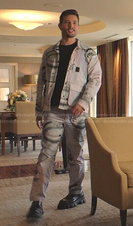 Sam’s glass print jacket and pants on Dynasty