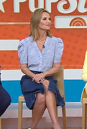 Savannah’s blue print puff sleeve top and denim skirt on Today