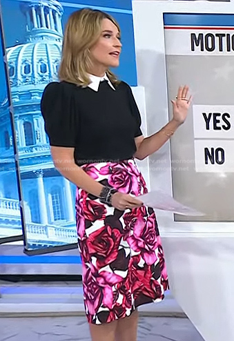 Savannah’s black puff sleeve collared sweater and floral skirt on Today