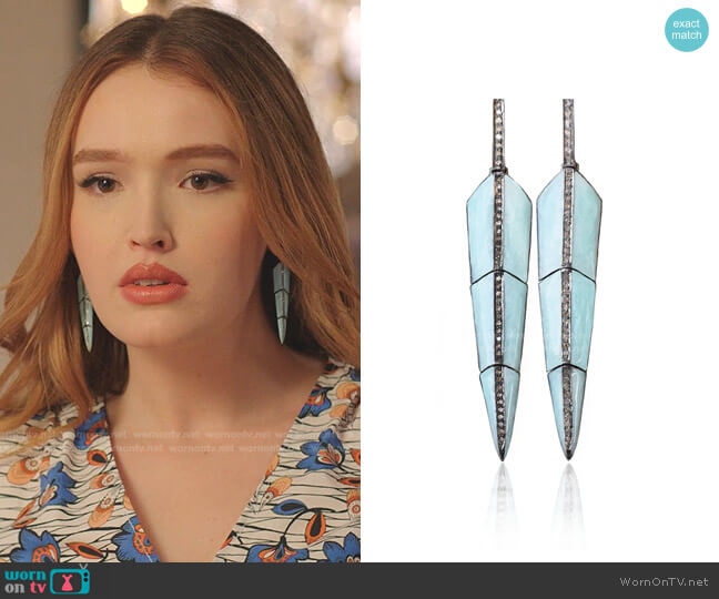 S. Carter Designs Pearl Turquoise Enamel Feather Earrings worn by Kirby Anders (Maddison Brown) on Dynasty