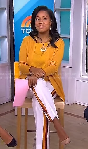 Sheinelle’s yellow cardigan and white side stripe pants on Today
