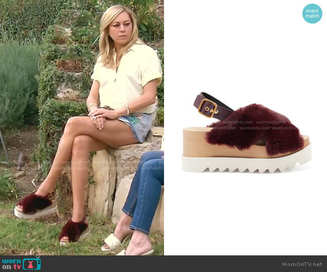 Stella McCartney Elyse faux-shearling platform sandals worn by Sutton Stracke on The Real Housewives of Beverly Hills