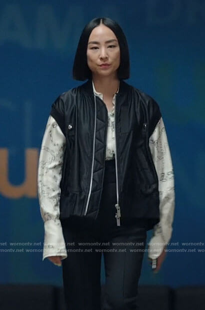 Stella’s chain print shirt and short sleeve bomber jacket on The Morning Show