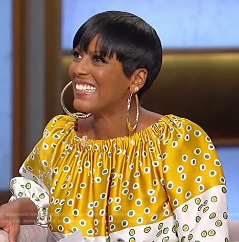 Tamron’s printed off shoulder dress on Tamron Hall Show