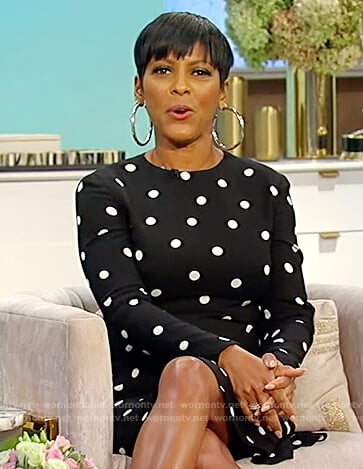 Tamron’s black polka dot dress on Tamron Hall Show