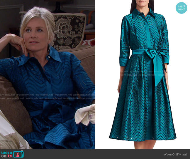 Teri Jon Taffeta Jacquard Lace Eyelet A-Line Belted Shirtdress worn by Kayla Brady (Mary Beth Evans) on Days of our Lives