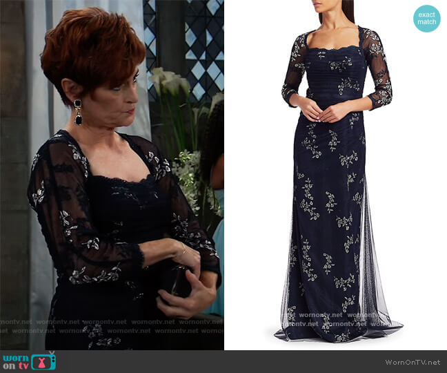 Teri Jon by Rickie Freeman Mesh Long-Sleeve Embroidered Floral Gown worn by Diane Miller (Carolyn Hennesy) on General Hospital
