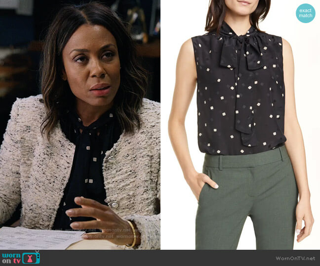 Theory Square Dot Tie Neck Sleeveless Silk Blouse worn by Mia Jordan (Karen Pittman) on The Morning Show