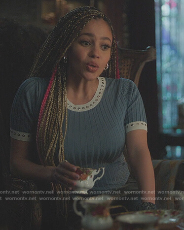 Tony’s blue ribbed grommet embellished top on Riverdale