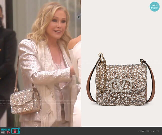 Valentino VSLING Shiny Calfskin Shoulder Bag with Crystal Embellishments worn by Kathy Hilton on The Real Housewives of Beverly Hills