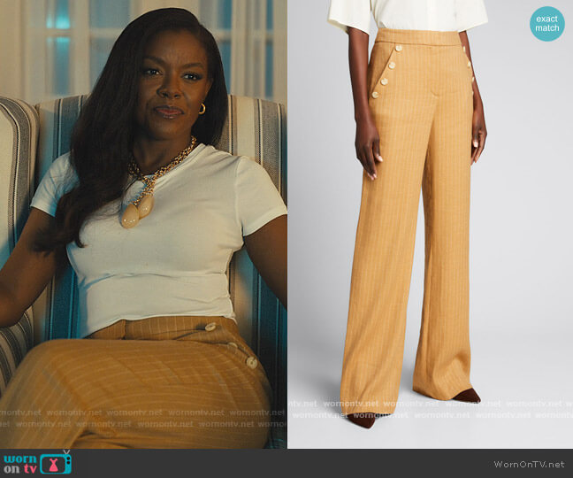 Veronica Beard Eliora Pinstripe wideleg pants worn by Leah Franklin-Dupont (Nadine Ellis) on Our Kind of People