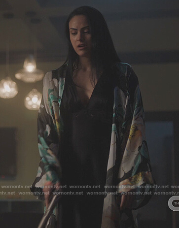 Veronica’s black floral print robe and dress on Riverdale