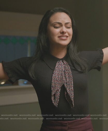 Veronica’s black contrast tie neck top on Riverdale