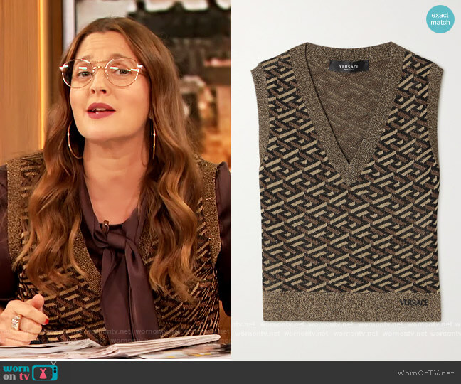Versace Embroidered metallic jacquard-knit tank worn by Drew Barrymore on The Drew Barrymore Show