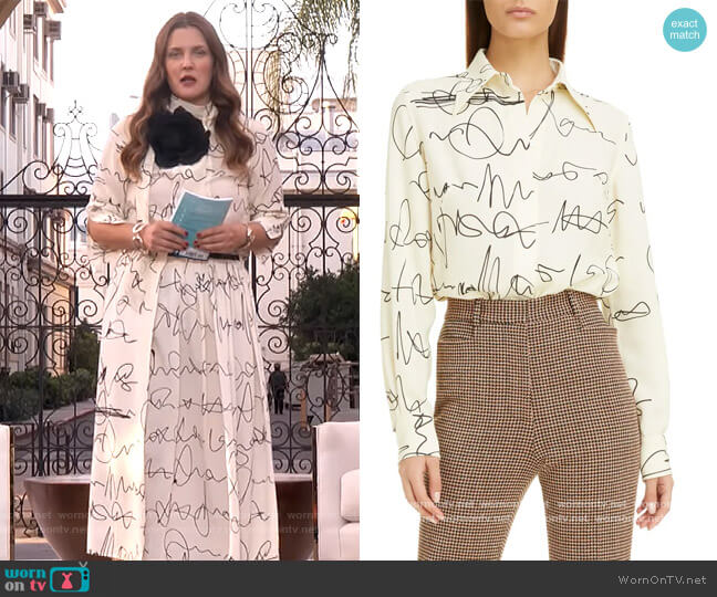 Victoria Beckham Scribble Print Blouse worn by Drew Barrymore on The Drew Barrymore Show