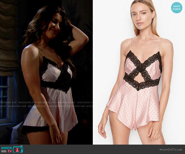 Victorias Secret Satin & Lace Romper in Black / Pink Micro Dot worn by Steffy Forrester (Jacqueline MacInnes Wood) on The Bold and the Beautiful