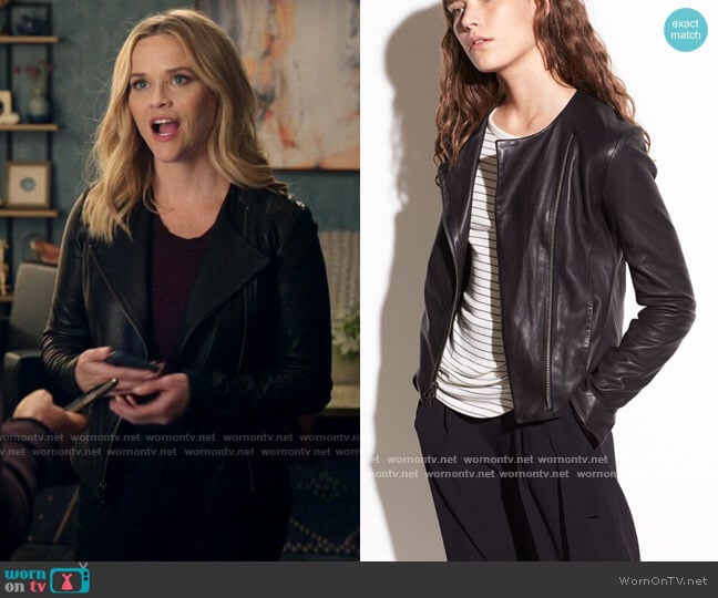 Vince Cross Front Leather Jacket worn by Bradley Jackson (Reese Witherspoon) on The Morning Show