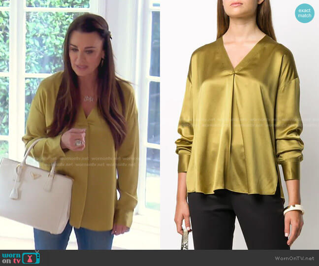 Vince V-Neck Silk Blouse worn by Kyle Richards on The Real Housewives of Beverly Hills