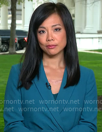 Weijia Jiang’s teal green belted blazer on CBS Mornings
